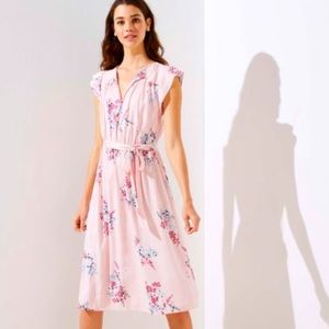 Loft pink floral flutter sleeve midi dress